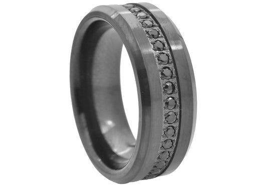 Black Tungsten Band Ring With a Circle Covered Black Cubic Zirconia 8mm - 100% Tungsten