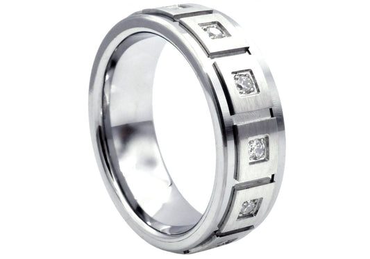 Tungsten Ring With a Square Design and Imbedded Cubic Zirconia 8mm - 100% Tungsten