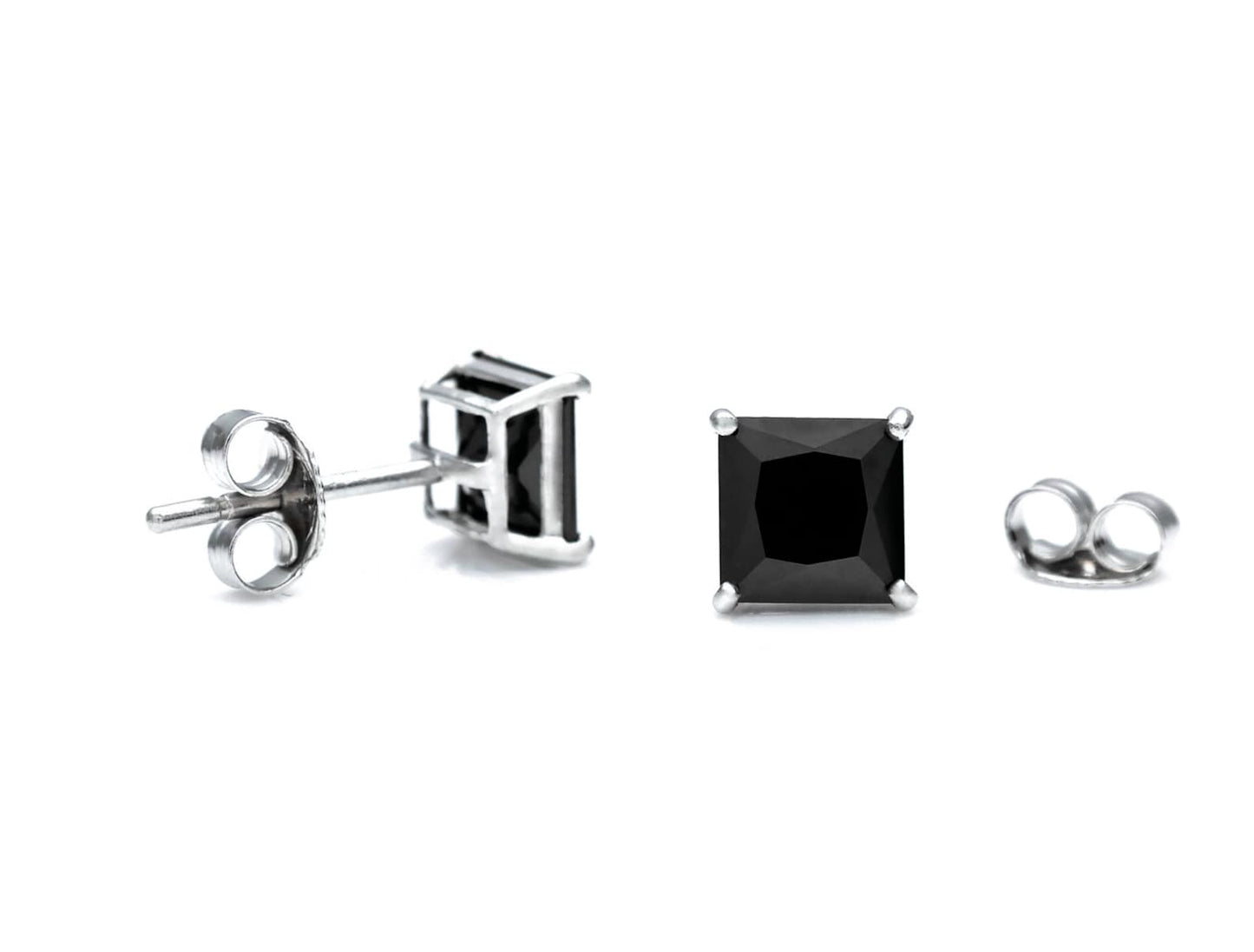 Sterling Silver Hypoallergenic Square Black CZ Push Back Earring - 100% Sterling Silver